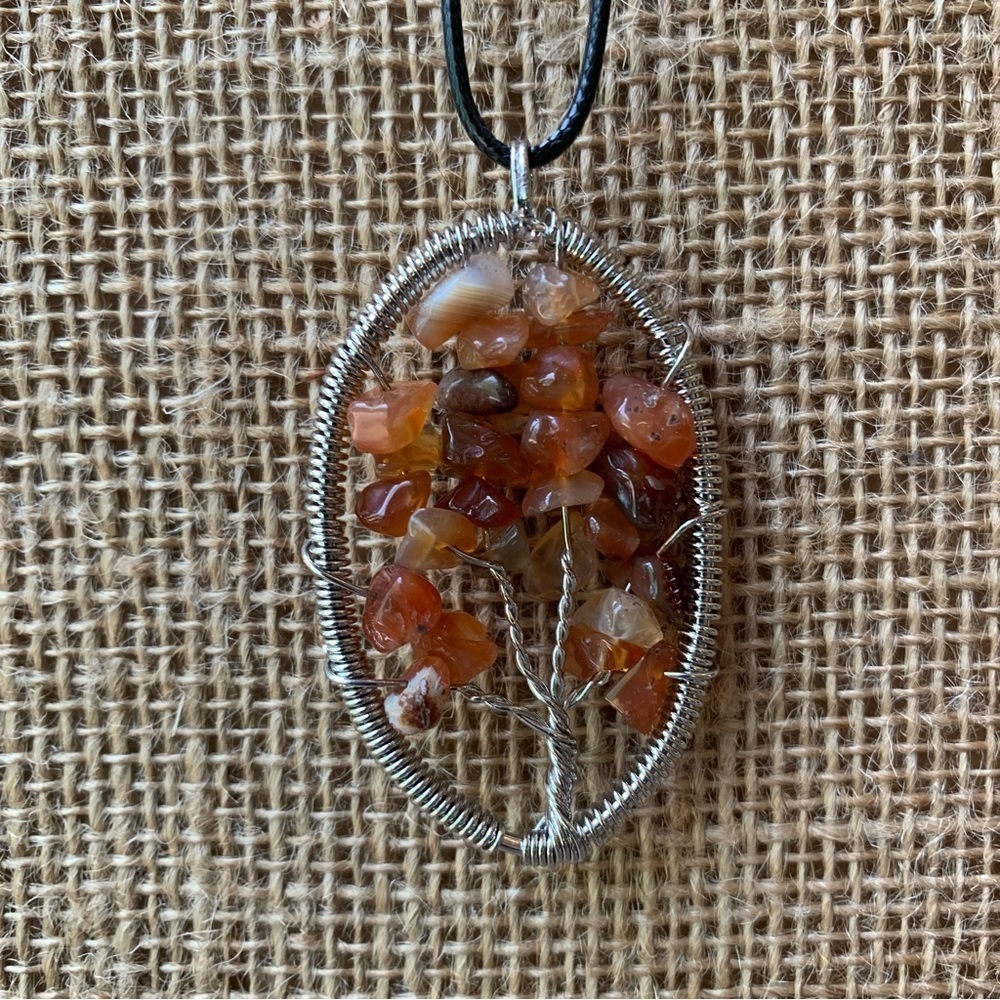 Red Carnelian Crystal Tree of Life Wire Wrapped Pendant Necklace Adjustable Cord